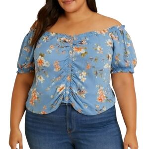 Women's Size 3X Off Shoulder Peasant Top Blue Floral Cottagecore Milkmaid Ruched